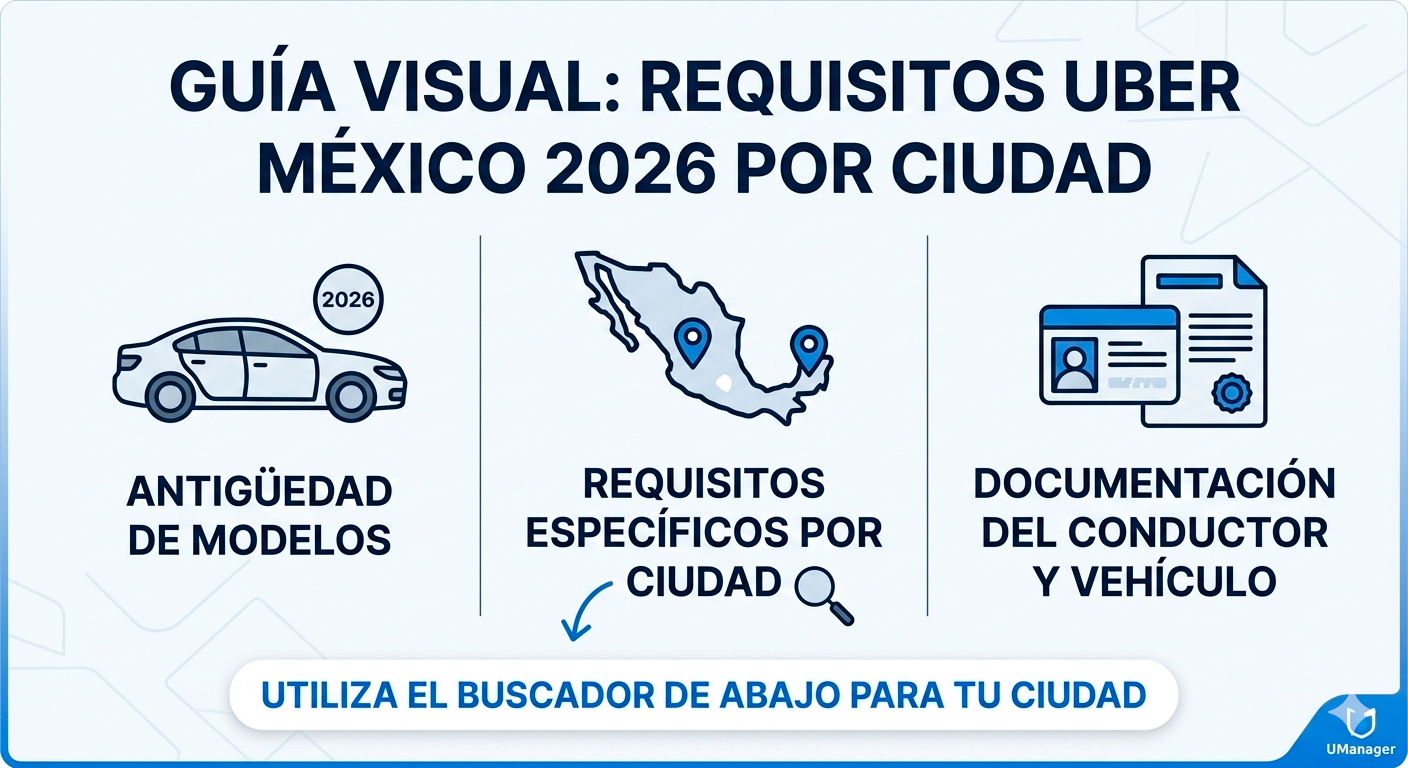 Infografía: Requisitos de Autos Uber México 2026 por Ciudad - Guía de Modelos Permitidos y Documentación